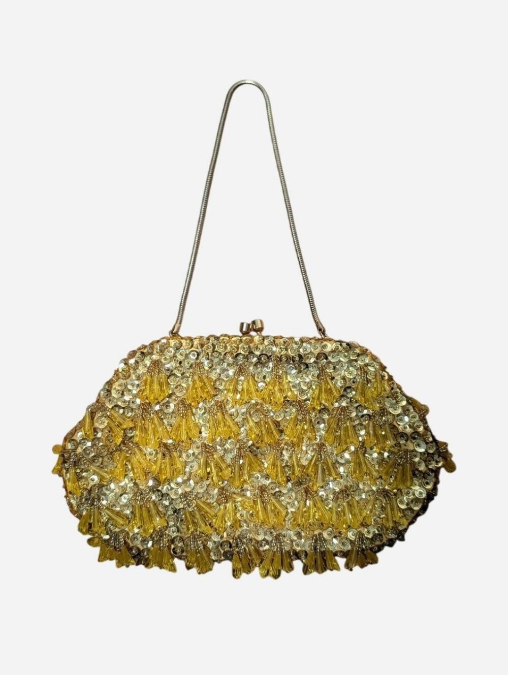 Vintage 1960s Richere by Walborg Gold Sequin Yellow Beaded Fringe Evening Bag